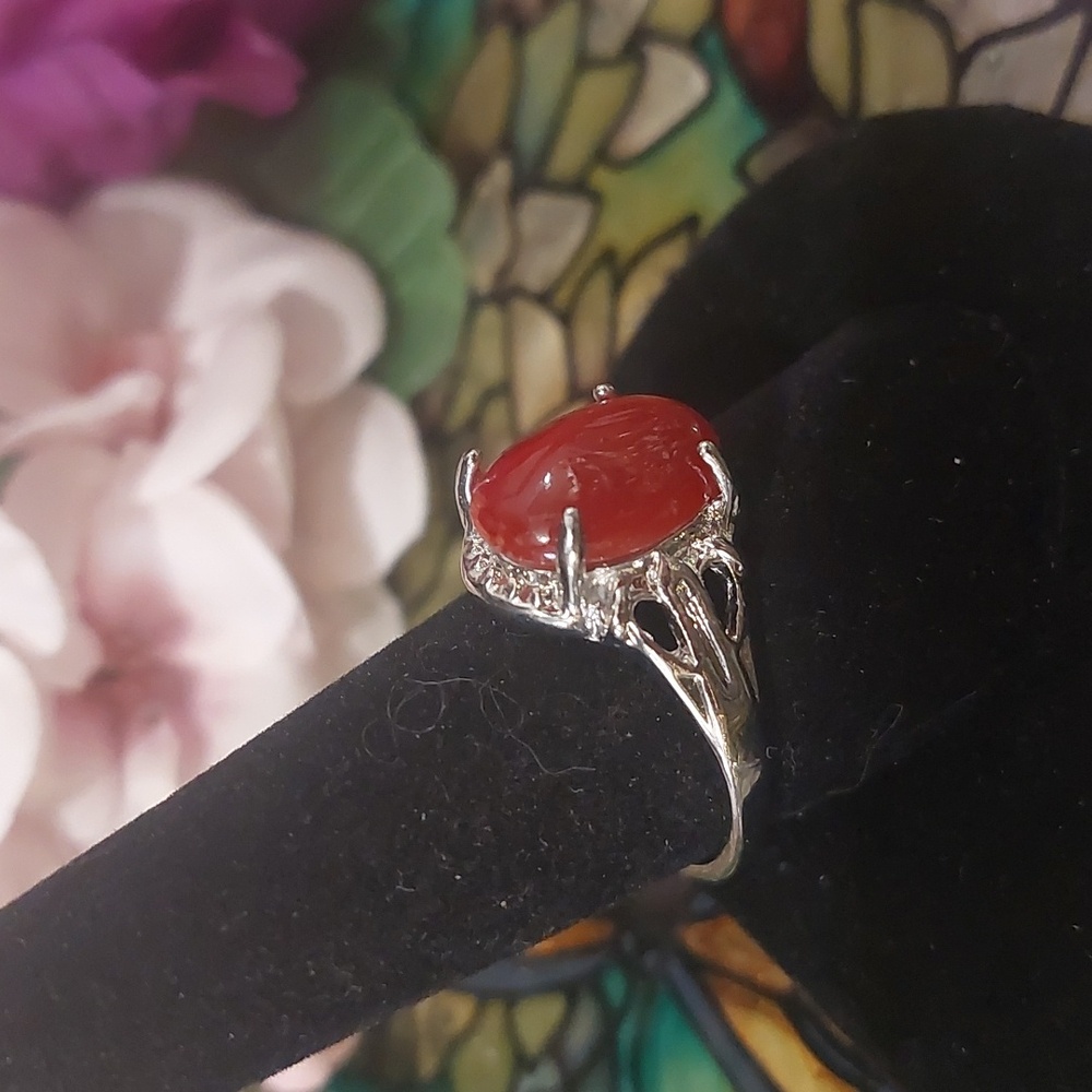 Catseye Glass Red Silver Fashion Ring 9 1/2 - Picture 3 of 7